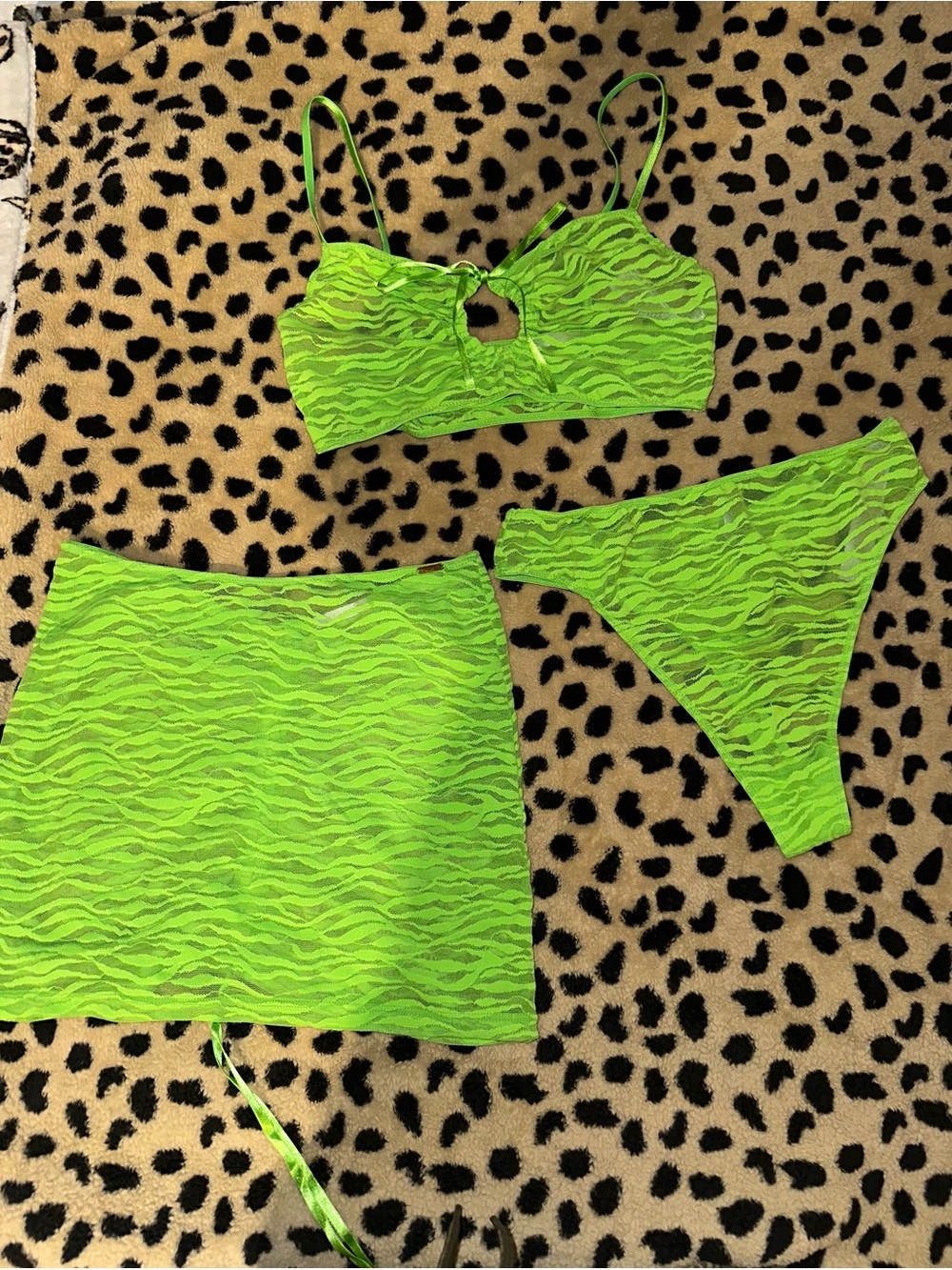 Savage X Fenty Neon Green Zebra Lace Bralette, Skirt & Thong Set